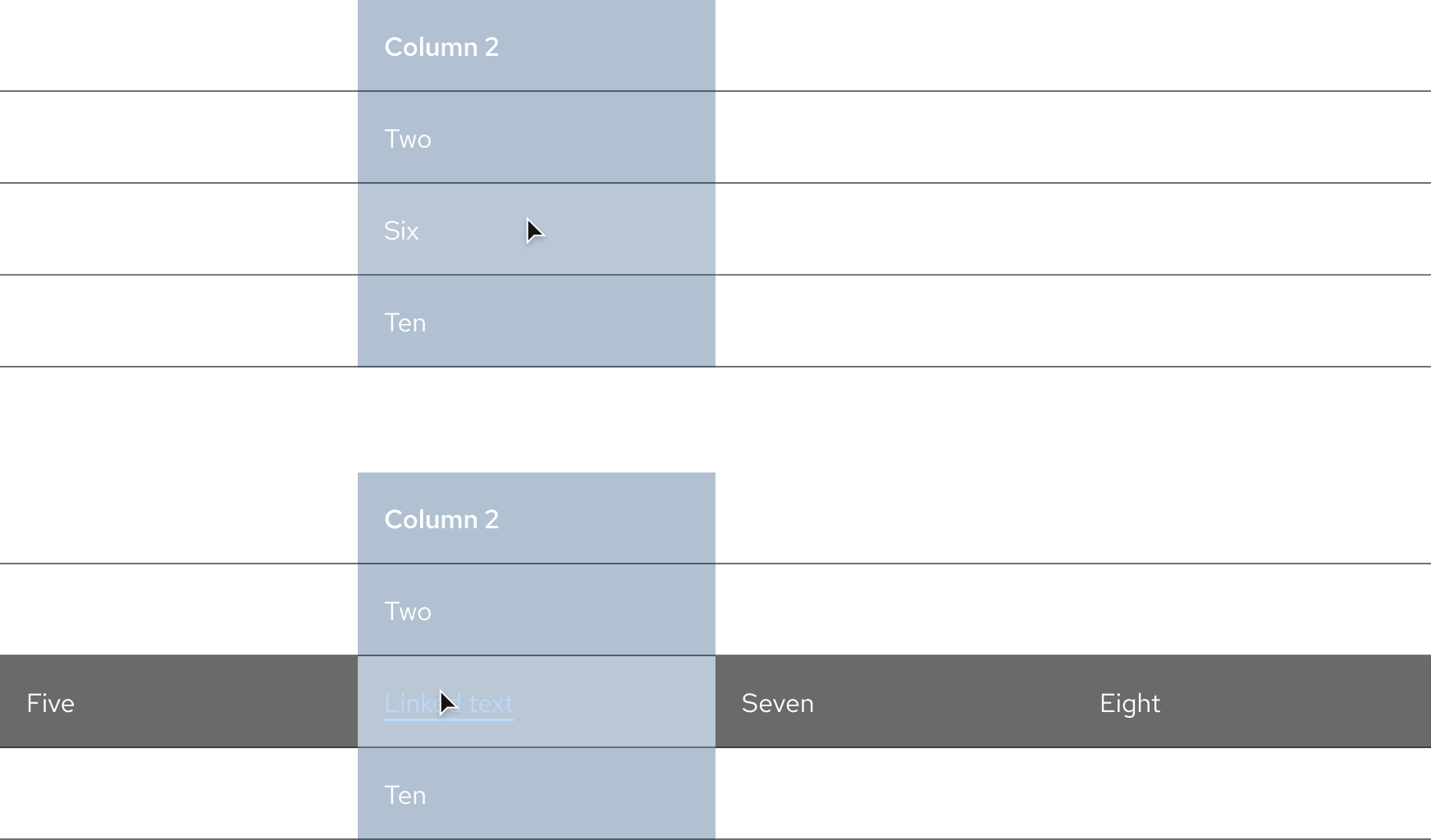 Dark scheme tables with hover effects on a black surface